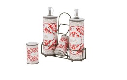 OLIO ACETO SALE PEPE SET 4 PEZZI IN CERAMICA DECORATA CON SUPPORTO IN METALLO