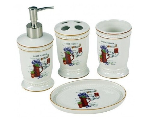 BAGNO ACCESSORI LAVABO SET 4 PEZZI CERAMICA DECORO LAVANDA