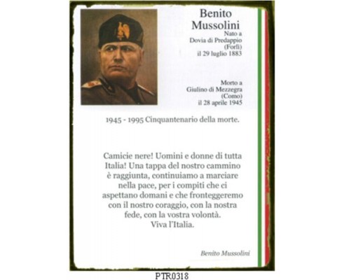 BENITO MUSSOLINI TARGA IN LATTA ANTICHIZZATA IMMAGINE